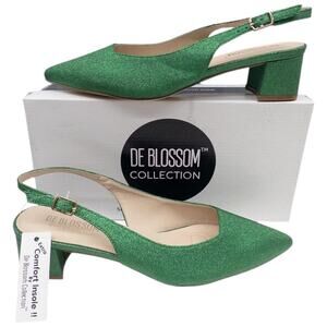 DE Blossom Metallic Emerald  Green Semi Slingback Pointed Toe Low Heel Sandals 9
